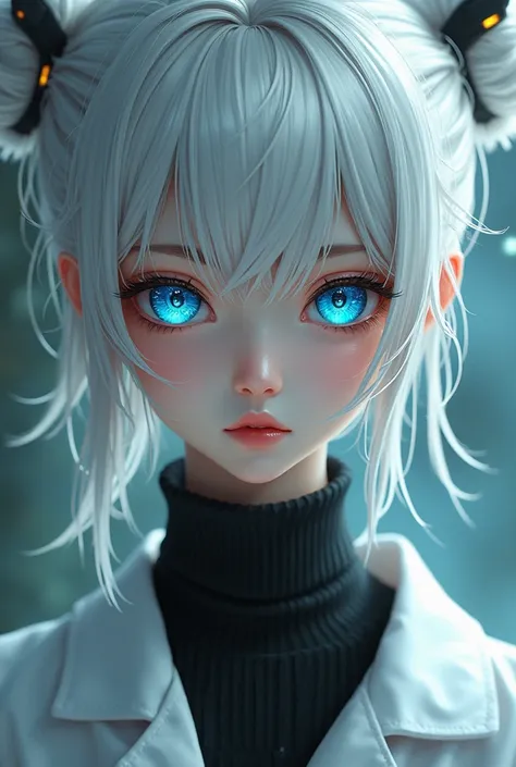 A female android scientist with white hair in a messy bun, wearing a white lab coat, mechanical black and blue eyes, black turtle neck under lab coat, a close up of a female android, detailed face of an android, ethereal and mecha theme, blue android eyes,...