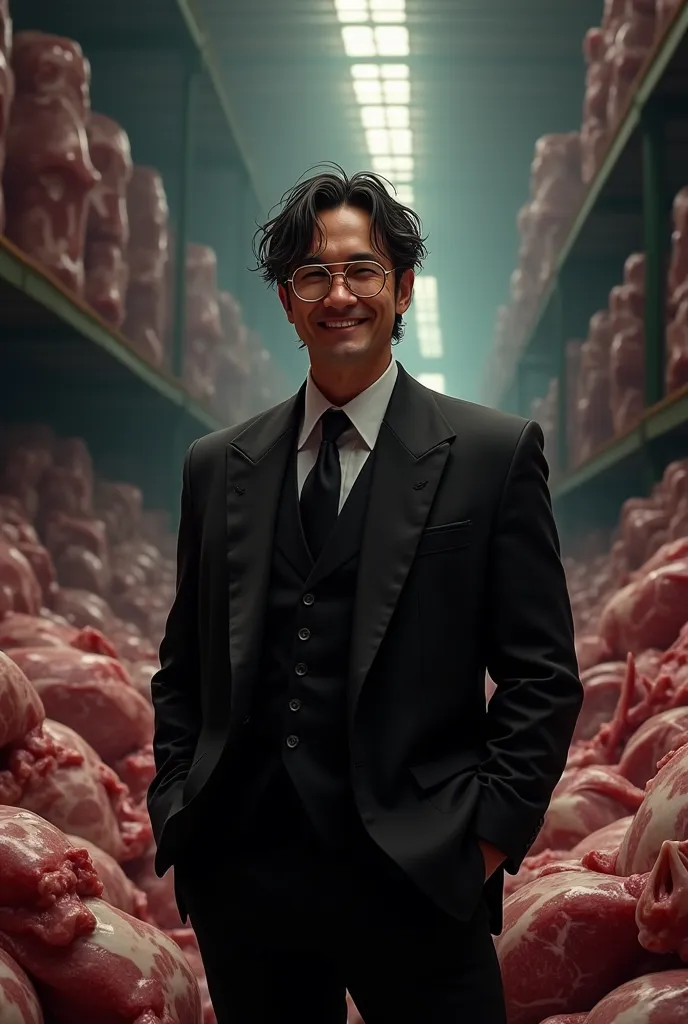 male,  oily hair , goldsmithing glasses ,  Black Suit , smile,  black short hair, Inside a huge warehouse, Heaping with meat, Very realistic,  ultra high resolution,  chiaroscuro,  super detailed