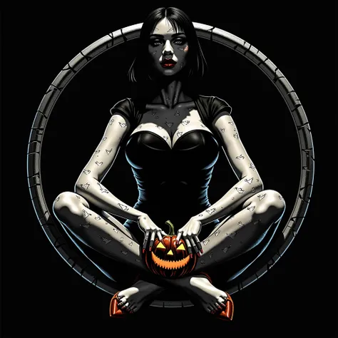 Create a beautiful vulgar and sensual girl who wears an extremely short erotic halloween costume, this girl carries a scary pumpkin, the girl has a provocative face, has black bob hair, a thin waist and a big ass. The girl is sitting with her legs crossed,...