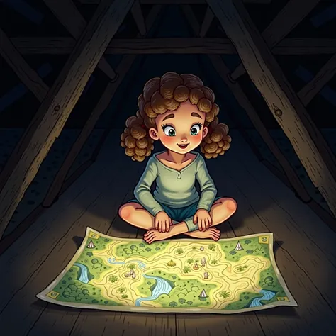  Illustration of a lively young girl with curly brown hair in pigtails,sitting cross-legged on the attic floor, examining the glowing map with awed eyes. The map displays intricate drawings of waterfalls and trees, illuminated with vibrant colors. The atti...