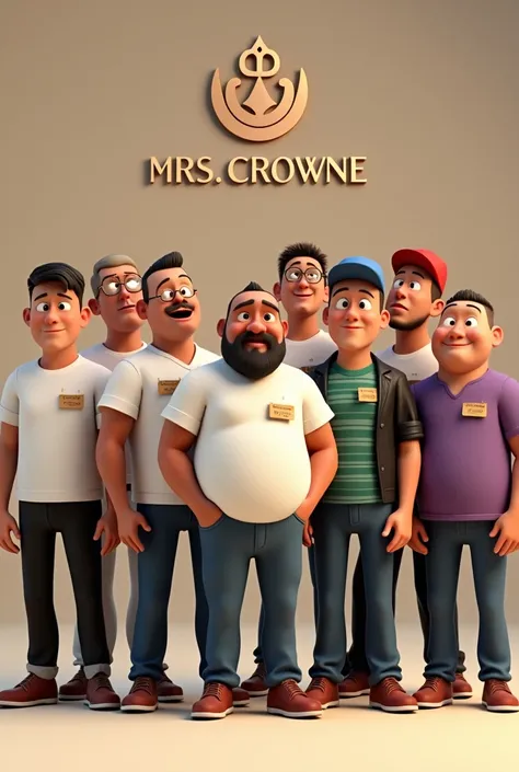 Create a 3D image depicting 8 men.  Working with a Mrs. Crowne Restaurant. From left to right. They have name badges.   (1) RHENE with ear-length hair, fair skin, wearing white and pants, wearing glasses. slightly narrow eyes, with name RHENE written on fr...