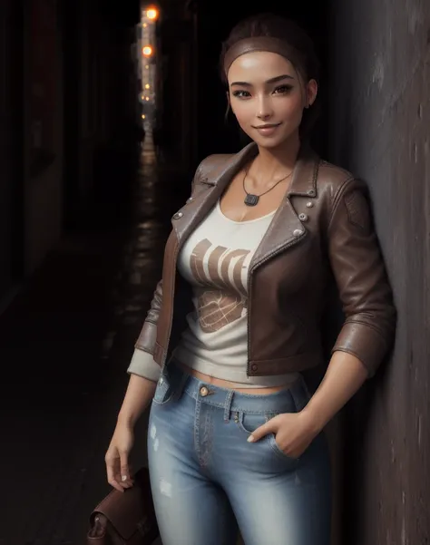 photo, ultrarealistic, extreme detail, masterpiece, best quality, perfect skin,tan skin, 1girl, alyxvance,day, standing, leaning against a wall, dutch angle,modern city, jeans, leather jacket,long sleeves, brown eyes,smiling, happy, portrait, upper body, b...