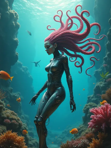 Cyborg woman with octopus tentacle hair,  seabed scenery 