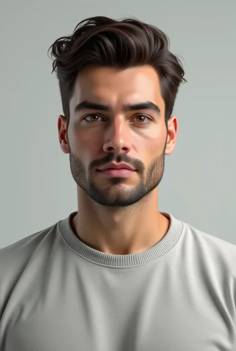  Attractive male person with a frontal profile, image from the bust to the head , Make it realistic and with clothes, a sweatshirt, That it is completely in front