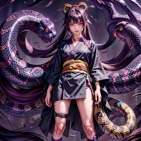 ( Ultra realistic)  a girl with  (red iris), (VERTICAL EYE PUPIL),  HER HAIR SHAPED LIKE SEVERAL SNAKES , (Hair/purple/Of snakes ), wearing a black and gold Japanese summer kimono,  with socks above the knees , (standing), (neutral background), ( Ultra rea...