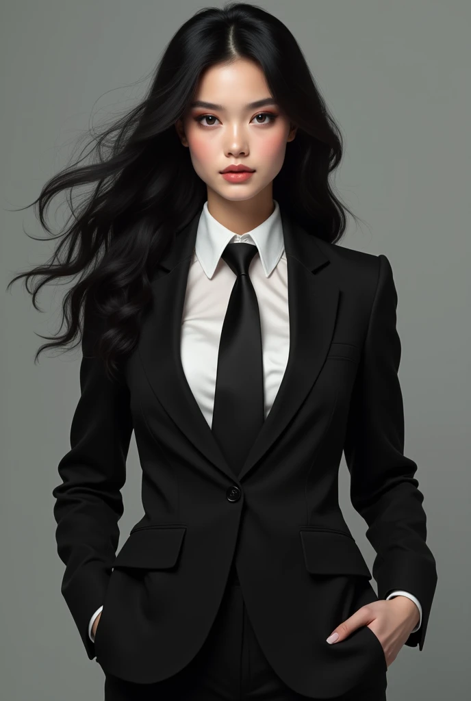  Beautiful girl with long black hair, Black suit, white shirt and black tie and black skirt 