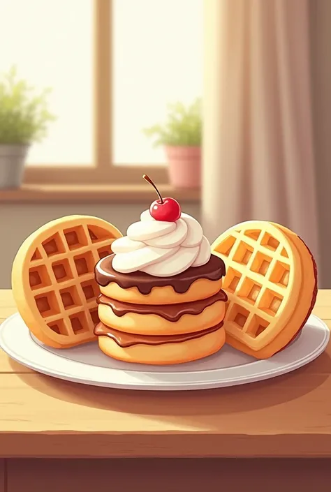 Illustration of only waffles, donuts and hot cackes ,  with a kind of cute  ,Each of the desserts must be seen clearly and the desserts must be together in the center of a table 

