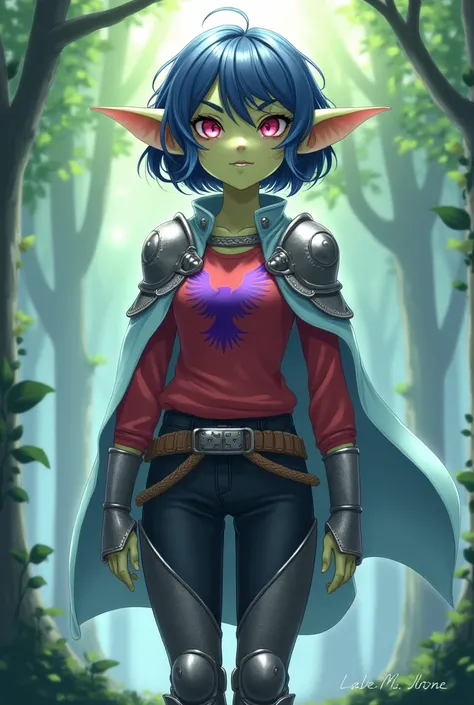 Alone, 1 ,  High resolution ,  short hair, fringe,  anatomically correct ,  High resolution , detail, HD model,  porn movie , wavy hair,  dark blue hair , 

 Miria is a graceful goblin ,  with soft green skin ,  almost like a polished emerald ,  and vibran...