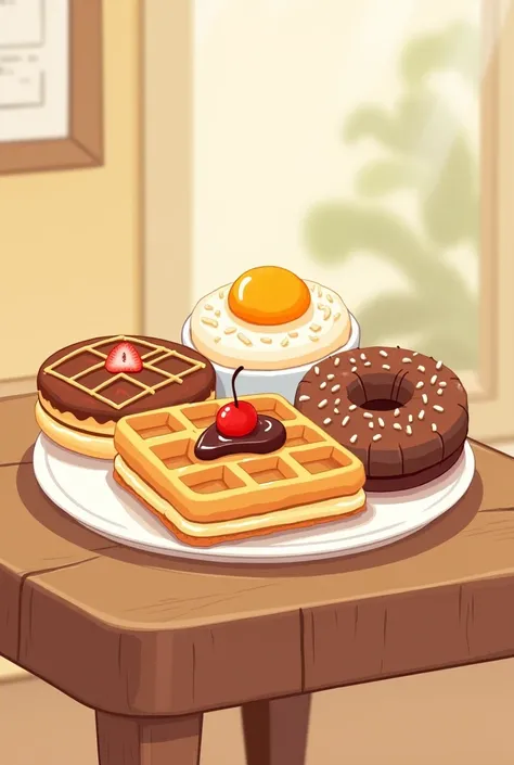 Illustration of only waffles, donuts and hot cackes ,  with a kind of cute  ,Each of the desserts must be seen clearly and the desserts must be together in the center of a table 

