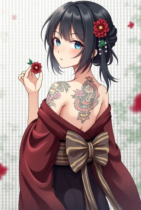 Japanese text,masterpiece, Best Quality, Best Quality, Official Art, beautifully、aesthetic:1.2),One girl, tattoo, Alone, kimono, Red and black kimono, Hair accessories, unsheathing, Black Hair, sheath, back tattoo, dragon tattoo, blue eyes, Off the shoulde...