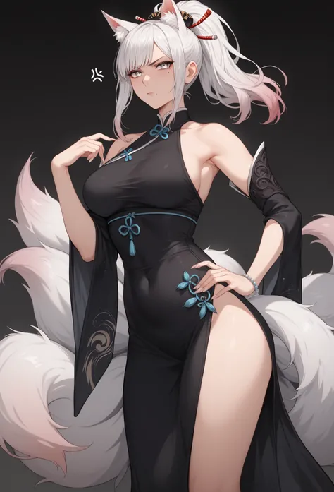 mixed_artwork style, (detailed eyes), (Mature woman), beautiful woman, medium breasts, white hair, bangs on eye, (gradient hair white to blue), Side bangs, ponytail, (black white dress), silver eyes, mole under eye, huge body, (annoyed gaze), kitsune ears,...