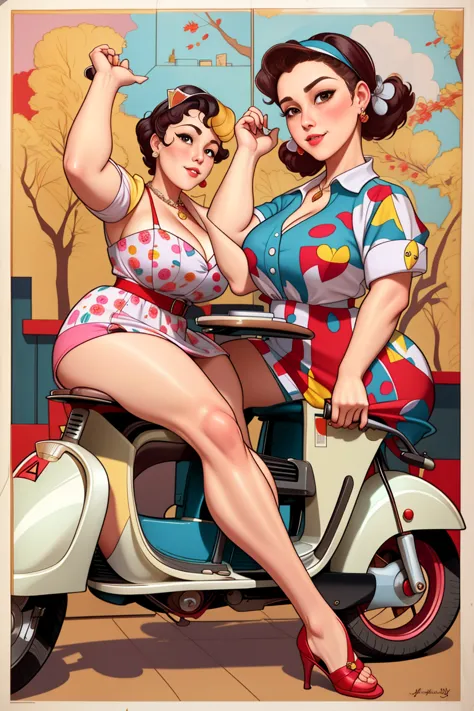 chubby woman in a dress and helmet riding a scooter, arte pinup, poster de garota pin-up,  inspired by vincent lefevre ,  artwor...