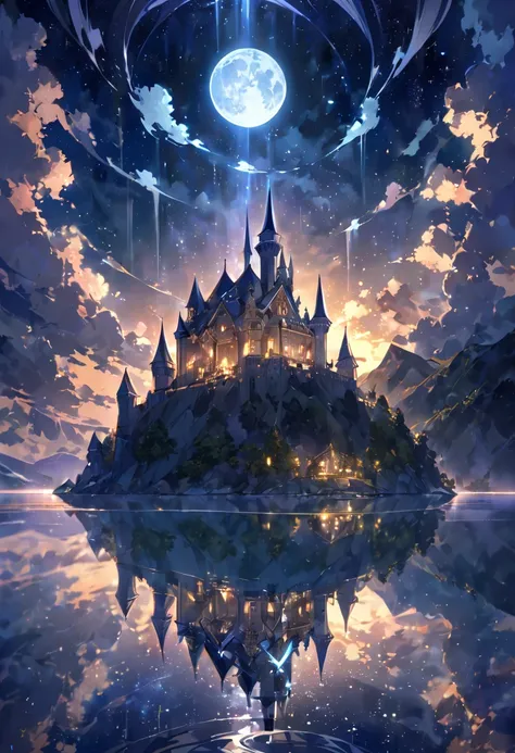 On a full moon night, a transparent old castle made of crystal stands on a fantastic lake, its existence being faintly illuminated by the moonlight shining through the clouds, a silent starry sky, high quality, medieval, solitude