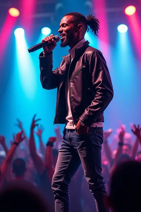  Create an image of Felipe Ret , a Brazilian rapper ,  standing on stage during a show .  He is wearing a stylish and modern outfit ,  wearing a leather jacket and jeans .  Felipe is holding a microphone in his right hand and has an expression of energy an...