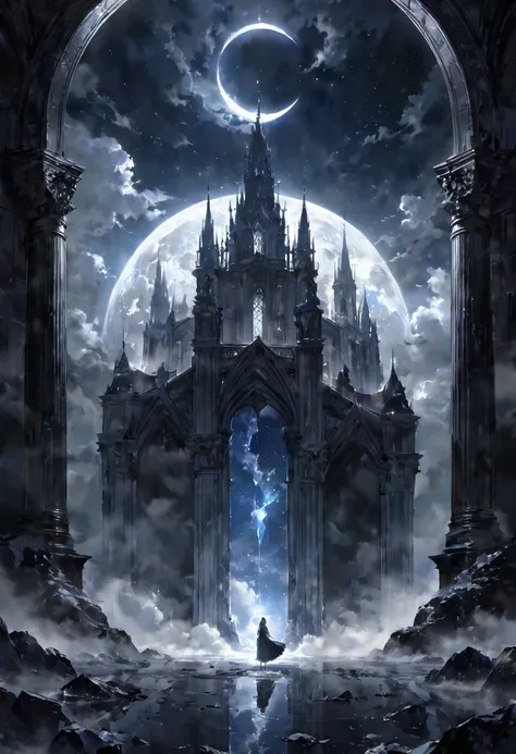 black moon, a fantastic, transparent and majestic building made of crystal towering into the heavens, a silent and flowing sky, high quality, sacred, .Surrounded by a hauntingly nostalgic atmosphere, the scene is illuminated by soft, ambient light, with a ...