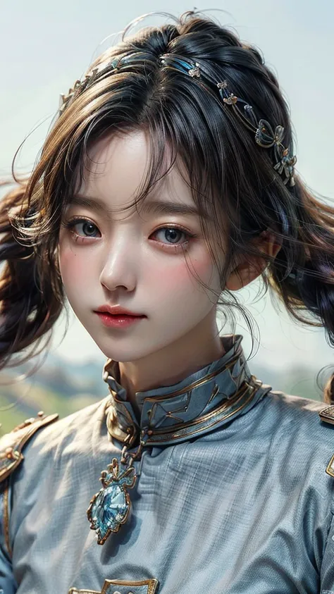 (masterpiece), ( top notch ), ( High Quality Details), (illustration), (1 woman), look at the viewer and focus on the , (Interview), beautiful and detailed eyes , delicate and beautiful face , Floating , (High saturation), (shining), blue sky, Bright and b...