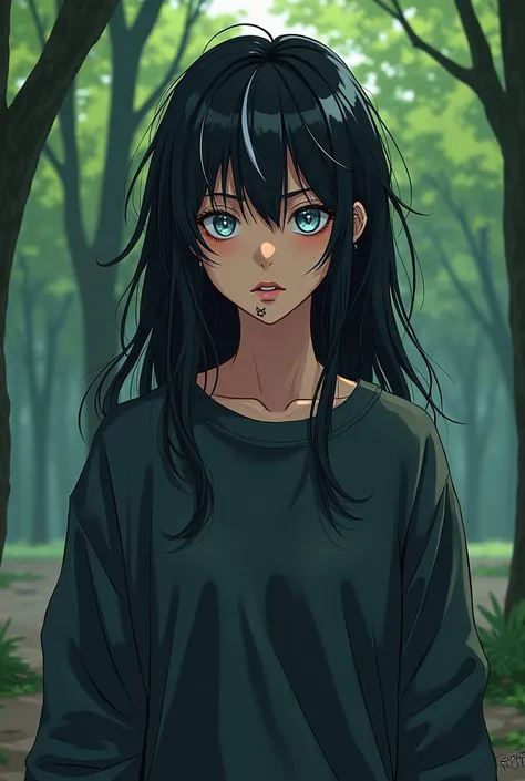 Young women. Messy long black hair with white streaks. Very pale blue eyes. Tan skin. Scar on bottom lip. Apathetic expression. Sharp features. Baggy sweatshirt. Trees in the background.
Anime style. 