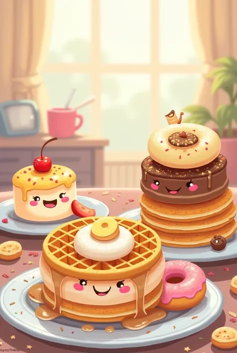 Illustration of waffles , donuts and hot cackes ,  with a kind of cute  ,  the desserts should be together in the center of a table 

