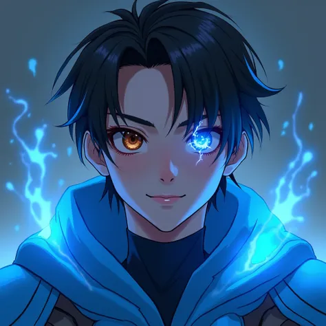  Young man 20 years old ,  dark brown semi-long hair ,  one brown eye and another blue eye with electricity (heterochromia). light swordsman armor blue futuristic shoulder pads and chest with hood on. semi-realistic avatar 2 .5 d, gamer, fantasy, super det...