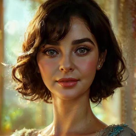 Portrait shot of a 40 year old Elizabeth Taylor, short brunette curly hair. She has a happy look on her face. Parted lips, hyper detailed, photorealistic, 8K, high quality, intricate details, warm tones, highly realistic, masterpiece.