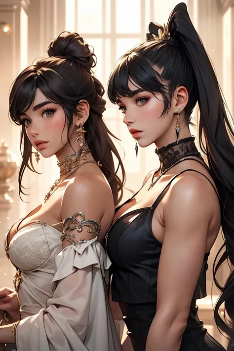 Two beauties、Dua Lipa と Megan Thee Stallion、Standing side by side,masterpiece,beautiful,best quality,ultra detailed,exquisite,extremely detailed,high quality,insanely detailed,hughres