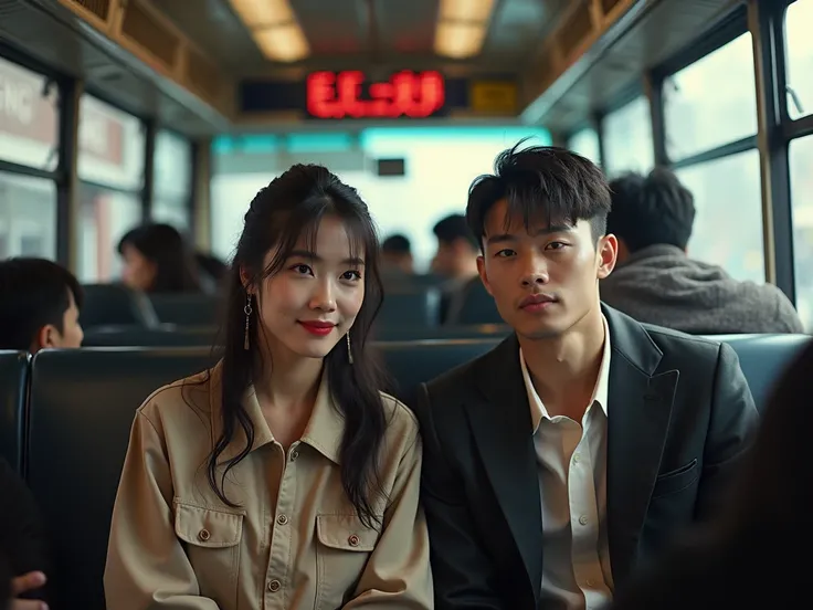  two couples of Chinese actors ,  a couple she is very beautiful and the Chinese boy very handsome,  the other very beautiful Chinese couple and the very beautiful , wet,distilling water ,  inside a crowded bus 