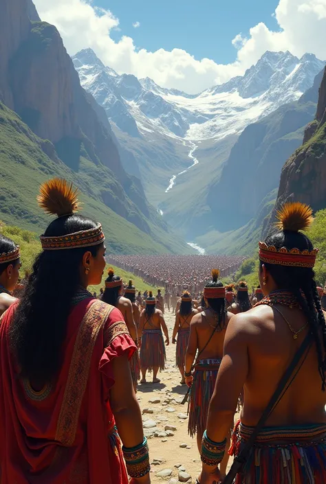 Scene of indigenous Peruvians amazed to see Spaniards for the first time, Year 1530