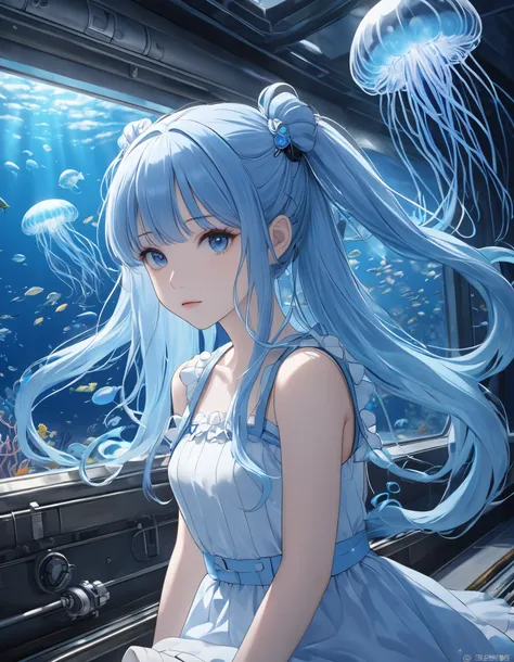  long light blue hair、 Beautiful Girl with Twin Tails、 dark eyes、Deep sea exploration submarine 、Long light blue hair looking at the deep sea from the window 、 Clear Skeletal Body 、deep sea fish、 Blue Fluorescent Jellyfish 、  Aquarium 、Deep Faint Light  、 ...