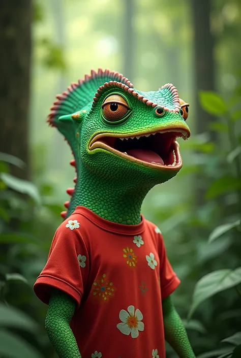 Green chameleon,  wearing a red shirt with floral print,  Laughing to death showing her teeth ,  in a lush forest .