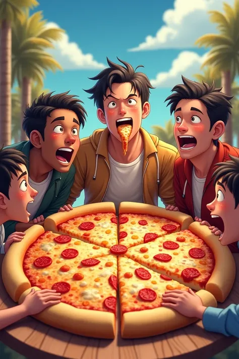  Image of 5 male friends on a pizza wheel ,  one of these friends is black with short hair .  All members with a hungry face and excited to eat,  one of them has a whole piece of pizza in his mouth , Another of them is Japanese ,  another Northeastern and ...