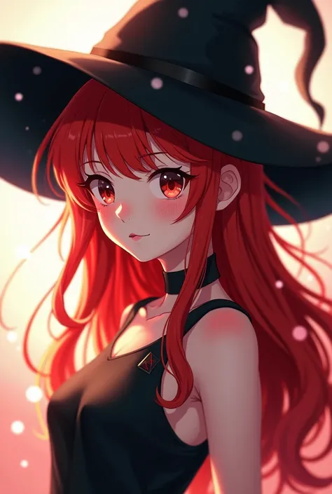  Pretty red-haired girl in anime style, Wearing a black dress and a black witchs hat