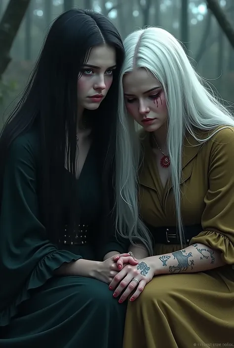 Generate two witches ,  the first with two long black hair ,  the second with white hair and Hufflepuff she listens to her {x} the blue eyes ice she is sitting and crying she is from Slytherin and has a lot of scars On her arm,  the second with white hair ...