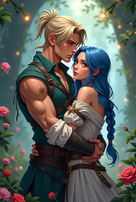 (((masterpiece, best quality)), anime illustration, masculine man, muscular frame Ash-blond, slightly wavy, tied back in a loose, short ponytail Bright amber eyes, Sun-kissed tan with faint scars, thief fantasy clothing, hugging , blue braided hair, woman,...