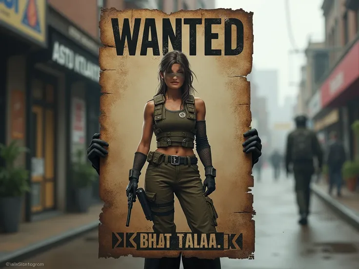 Urbantracker girl  ( character from Calla Duty Mobile )  with military costume printed on a poster of "Wanted", Ultra realistic HD, 4k