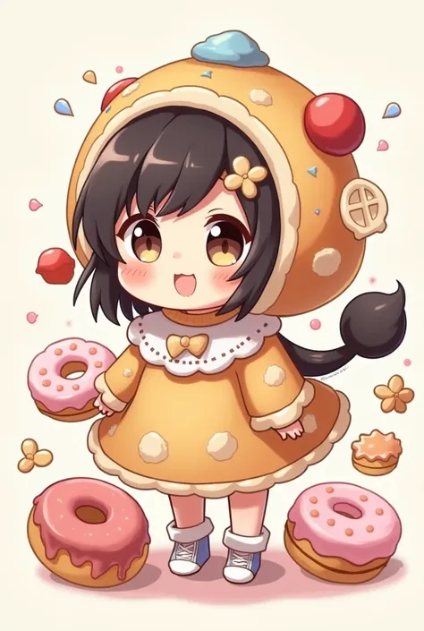 Chibi and black smooth-haired girl illustration, With a sneaker , wearing a pastry costume  ,  with a waffle maker , donuts and hot cakes  