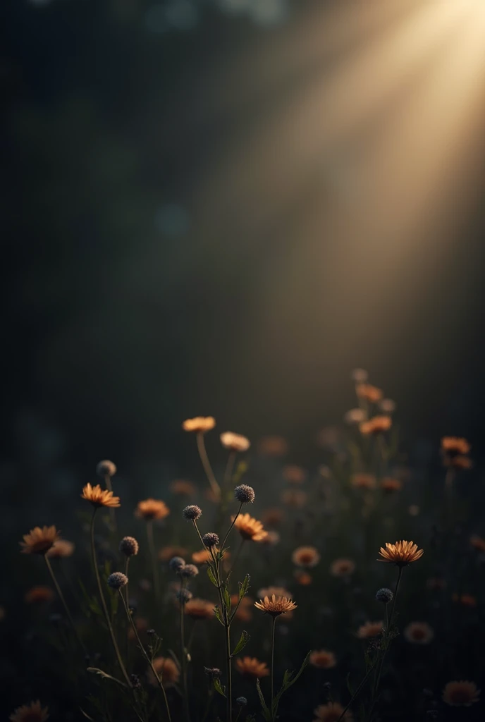 full frame empty (Photorealism:1.2) high resolution, cinematic, intrinsic details, 5 point view composition, minimalist background natural central lighting, intense light colors black, gray  and golden touches, background with diffuse flowers, rule of thir...