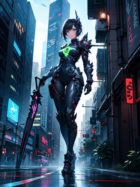 (((masterpiece, best quality, high detailed, 16k))) (1girl) A powerful and sleek woman, dressed in high-tech armor that pulses with neon blue circuits. Her eyes are glowing green, and her hands manipulate holographic interfaces with ease. She stands in a f...