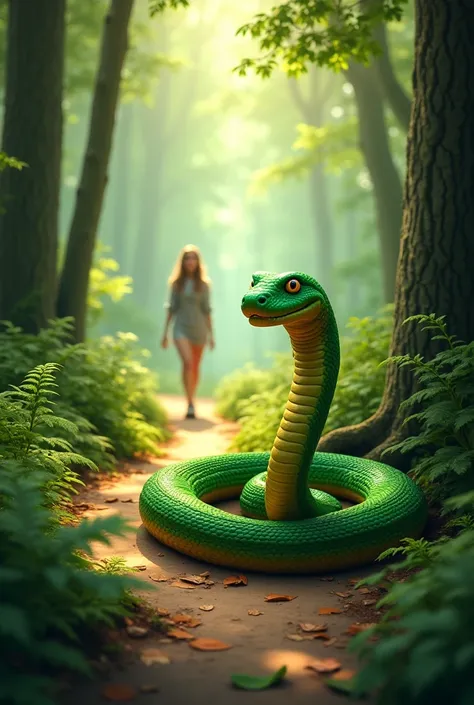 Snake smiling on a trail in the middle of the forest and a woman walking in the background 