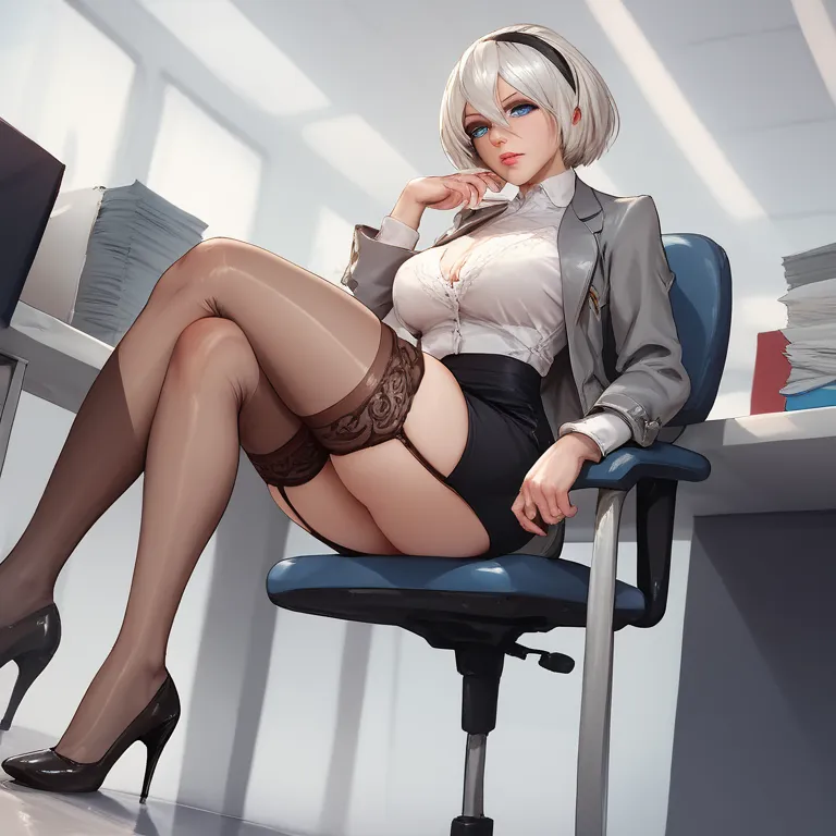 yorha 2b, grey pencil skirt, nylon stockings , white blouse, grey jacket, heels, office suit,  blue eyes