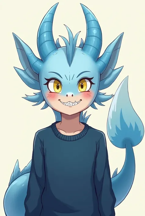 Un jeune homme de 17ans humain au gros sourire mignon avec des dents pointu, avec des caractéristiques de dragon deau bleu clair ciel une queux ressemblant fortement à celle dun axolotl et des ailes pointu et grande avec des petites entaines sur sa tête fa...