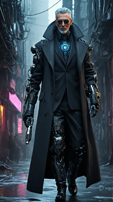  Decadent environment, man, cyberpunk, cybernetic implants, more human than robotic, older, overcoat
