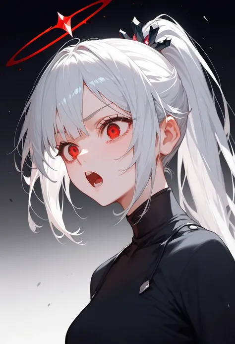 girl,White hair, Ponytail, in red eyes , Black Long Sleeve Shirt, Medium Breasted,Shock Face ,Dark circles under the eyes, Yandre ,mental disorder