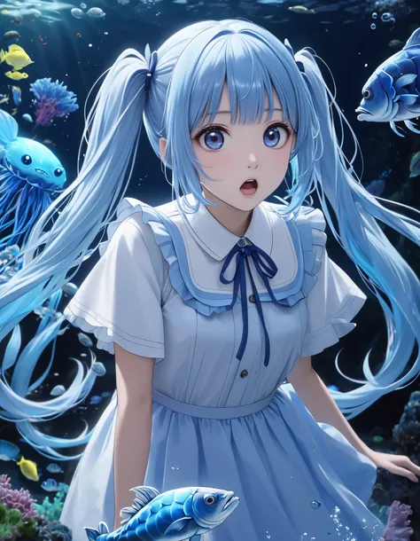  long light blue hair、 Beautiful Girl with Twin Tails、 dark eyes、Godzilla in the deep sea has 、Surprised by Godzilla、 surprised face、deep sea fish、 Blue Fluorescent Jellyfish 、  Aquarium 、Deep Faint Light  、  CG in detail、 high definition 