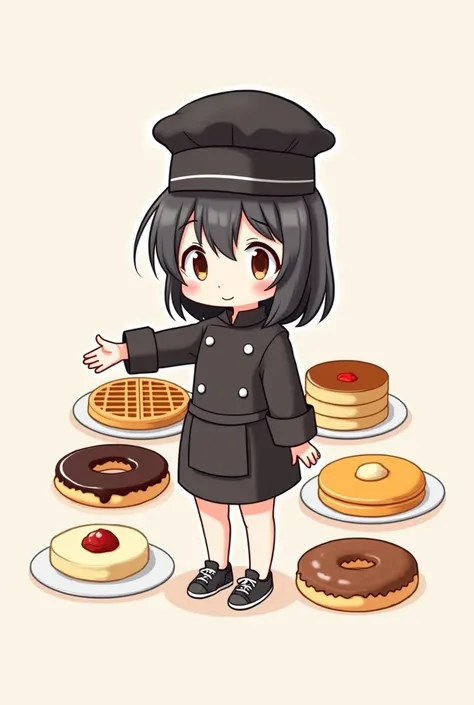 Cute and chibi  (no anime)  illustration of a smooth-haired girl in black, With a sneaker , with chefs suit ,  with a waffle maker , donuts and hot cakes  