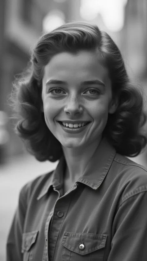 A casual 1940s photograph of a brunette teen girl | taken with a Rolleiflex | slightly blurry | tilted horizon | random shadows | outdoor lighting | black and white | some parts too dark some too bright | imperfectly centered | accidental double exposure p...