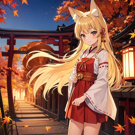 shrine maiden costume, 1girl, solo, autumn sky, autumn leaves, Kyoto, blonde hair, long hair, silver eyes,  foxs ear, fox spirit, flat chest, slim figure, smile, perfect anatomy