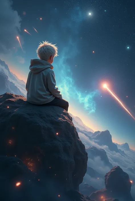 A boy,  with white hair , hoodie, Sitting on an asteroid while it is wandering in a galaxy; pulsars, Quasars, Comets,  stars and planets around
