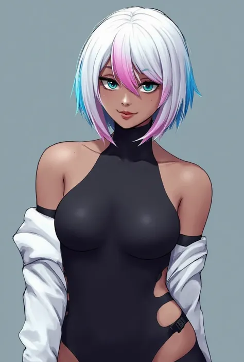 "Ultra-high resolution, UHD, ultra-detailed, hyper-realistic skin texture, high-quality rendering, photorealistic portrait of a character named Lucy from cyberpunk edge-runner, . She has a choppy bob hairstyle with asymmetrical, pure white hair styled in l...