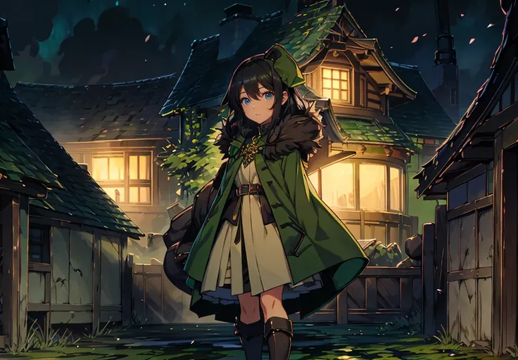 yuichiro hyakuya girl, (WithoutFear:1), 1 girl, black hair, green eyes, brown coat, gray armor, elves, sylvan, green shield, green cloak, dark brown gloves, forest, white fur trim, anime, standing, good quality, portrait, looking at viewer