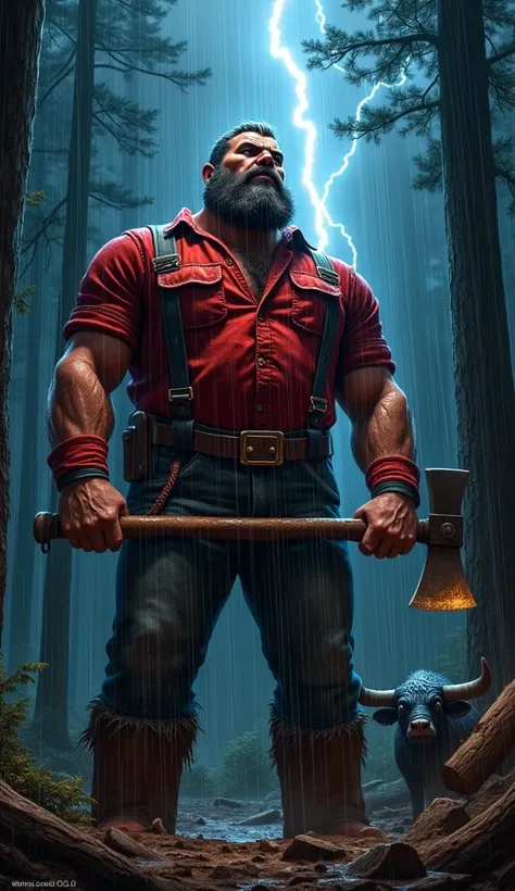  Describe an image of Paul Bunyan ,  a giant and muscular lumberjack with realistic appearance .  He is wearing a red flannel shirt ,  wet by the pouring rain ,  and holding a large and heavy axe , shimmering under the rays .  Paul is in the middle of a de...